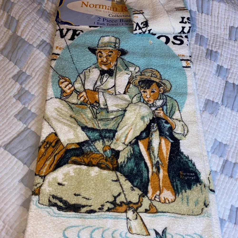VINTAGE BATH TOWEL SHEET SET NORMAN ROCKWELL SATURDAY EVENING POST original tags